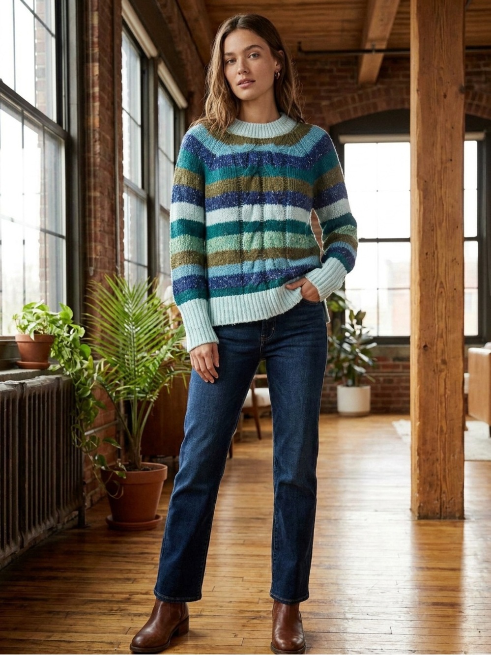 Striped Cable-Knit Crewneck Sweater - Blue/Green/Brown